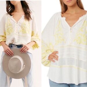 Free People Persuasion Embroidered Peasant Oversized Boho Bohemian Top Blouse
